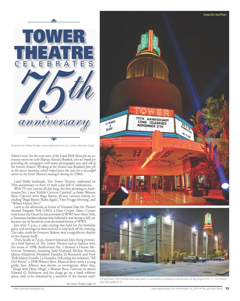 Single page layout of Tower Theatre 75th Anniversary.